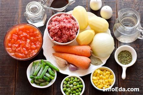 Основные ингредиенты для приготовления супа с фаршем